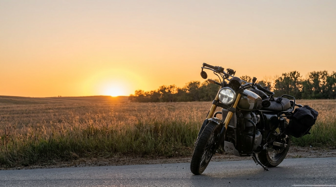 Motorbike on an open road at sunset
